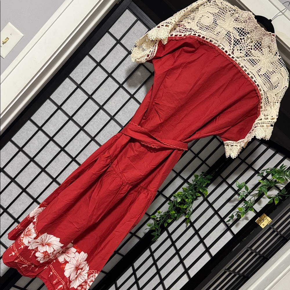 Farm Rio XXS Red Floral Chains Guipure Midi Dress - Picture 10 of 12